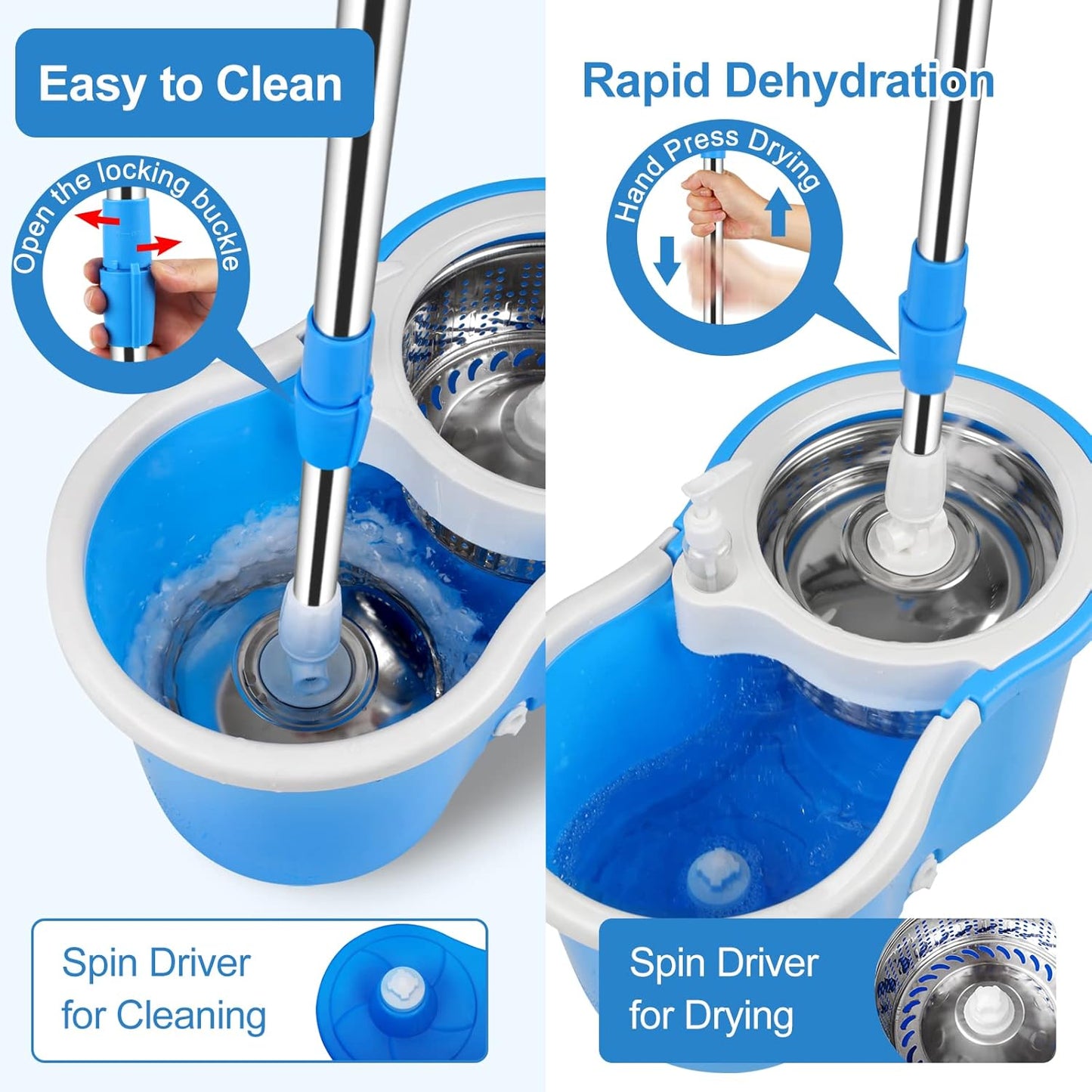 Spin Mop and Bucket with Wringer Set, 360° Spinning Mop Bucket System with 3 Microfiber Mop Replacement Heads, Adjustable Handle for Floor Cleaning (Green)