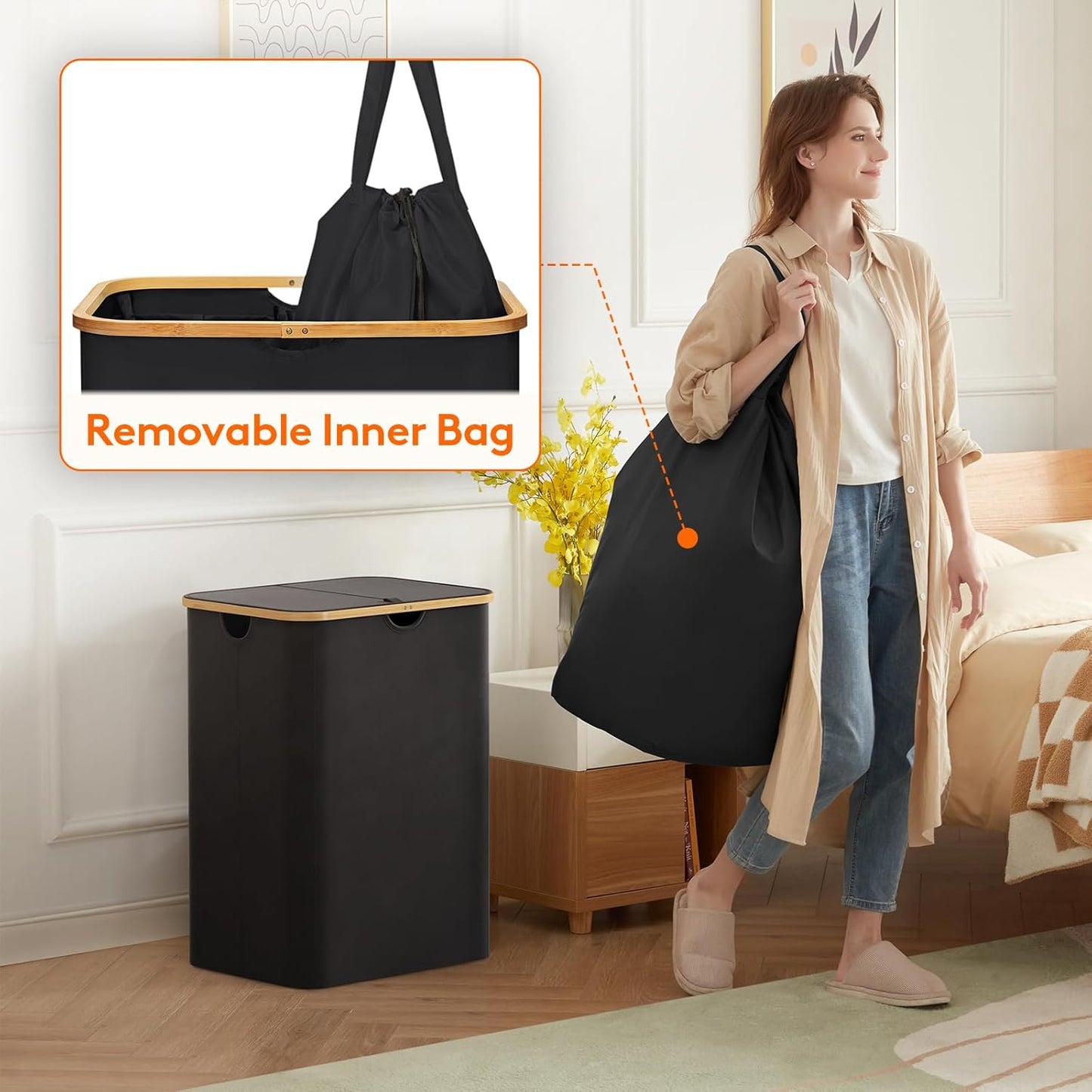 Lifewit 120L Laundry Basket with Lid, Clothes Hampers for Laundry with Bamboo Handles and 2 Removable Bag, Large Foldable Laundry Hamper for Bedroom, Bathroom, Dorm, Laundry Room, Beige