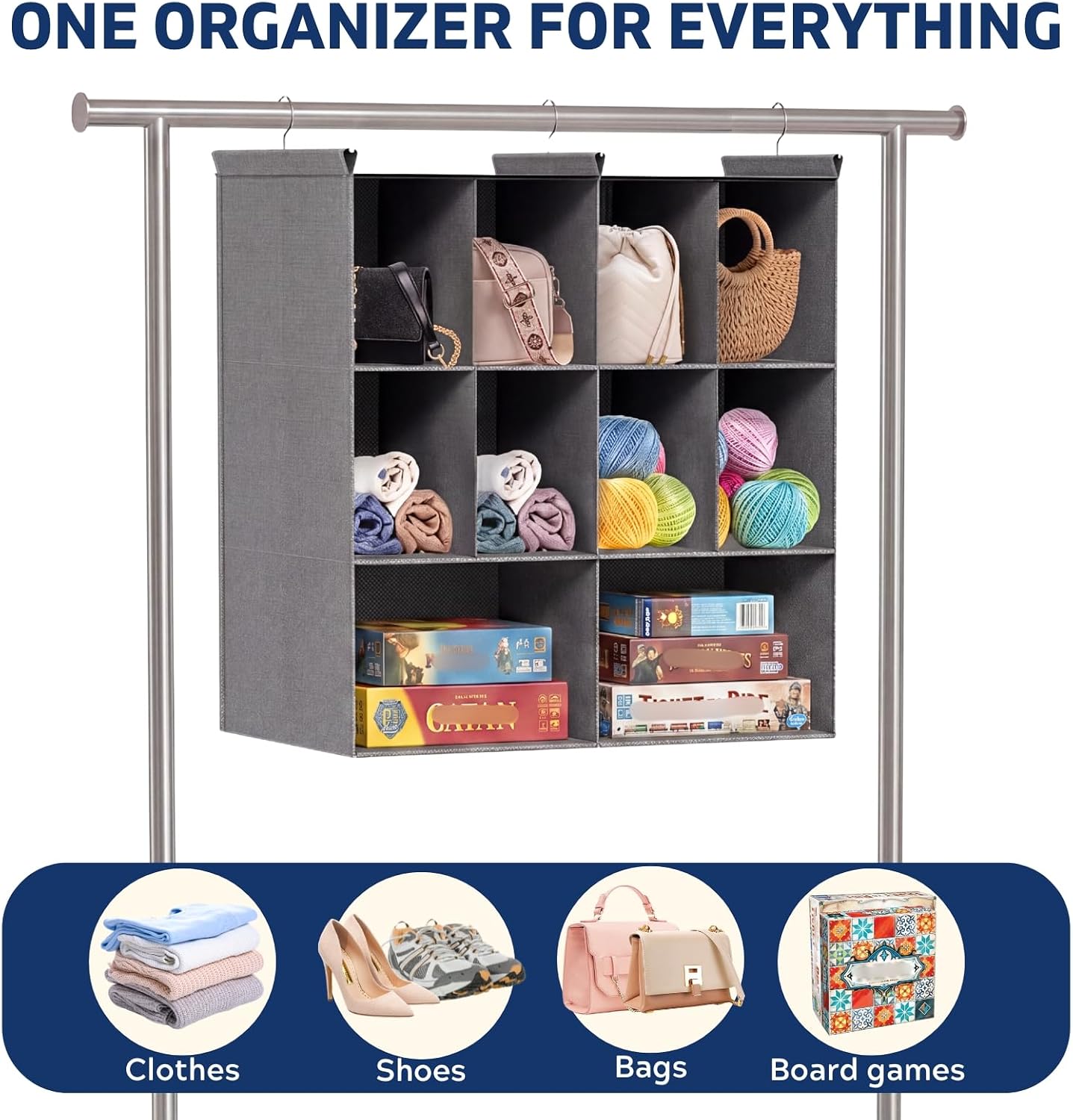 Ofiray-home 6 Tier Hanging Closet Organizer, 16 Compartments Sweater Organizer for Closet with 3 Sturdy Hooks, Closet Organizers and Storage, Wardrobe, Rv, Garment Rack, Grey