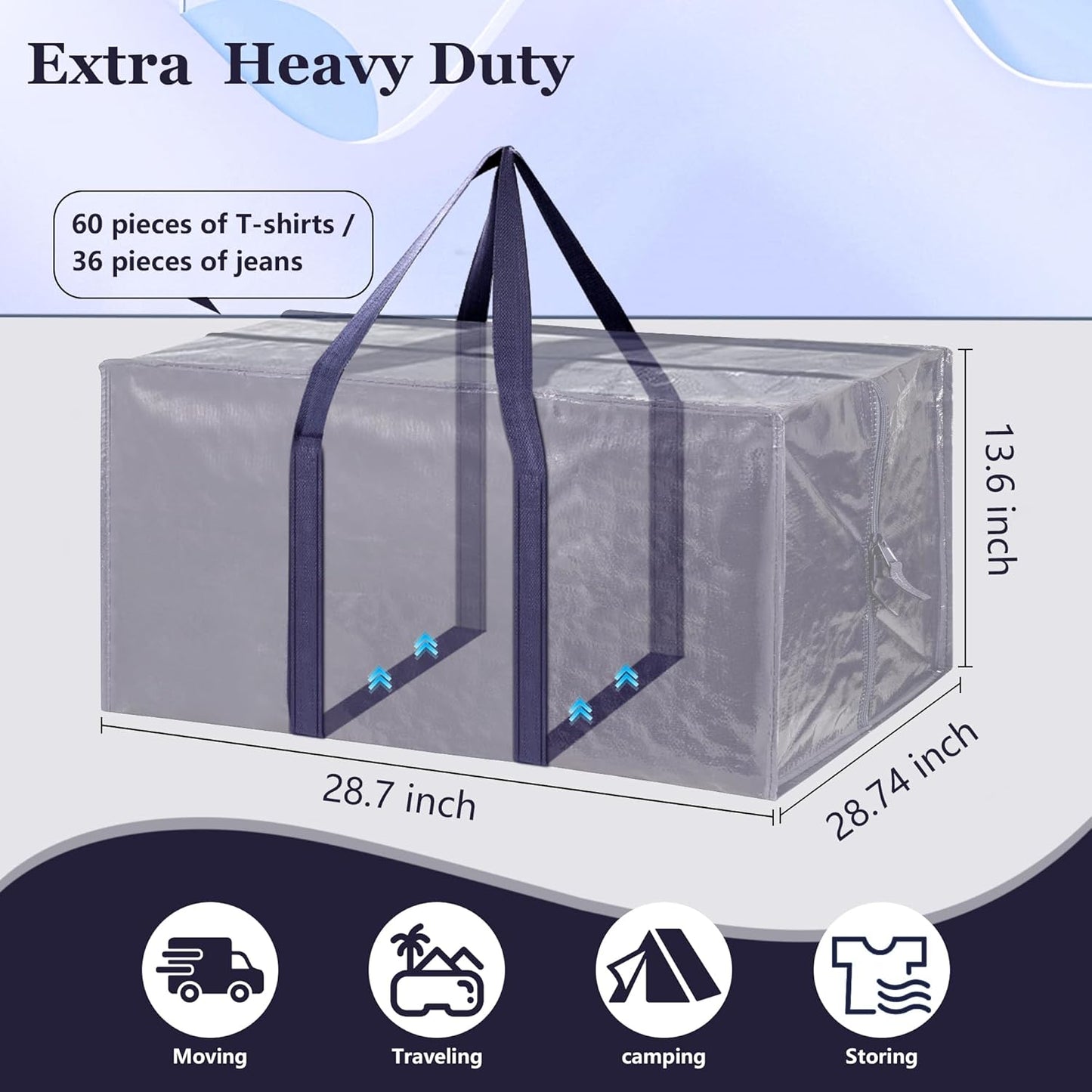 6 Pack Moving Bags Heavy Duty 210GSM with Full-Open Side Zipper, 93L 220lbs Waterproof Foldable Storage Totes for College Dorm Move-In, Moving Boxes Alternative & Home Organization, Blue
