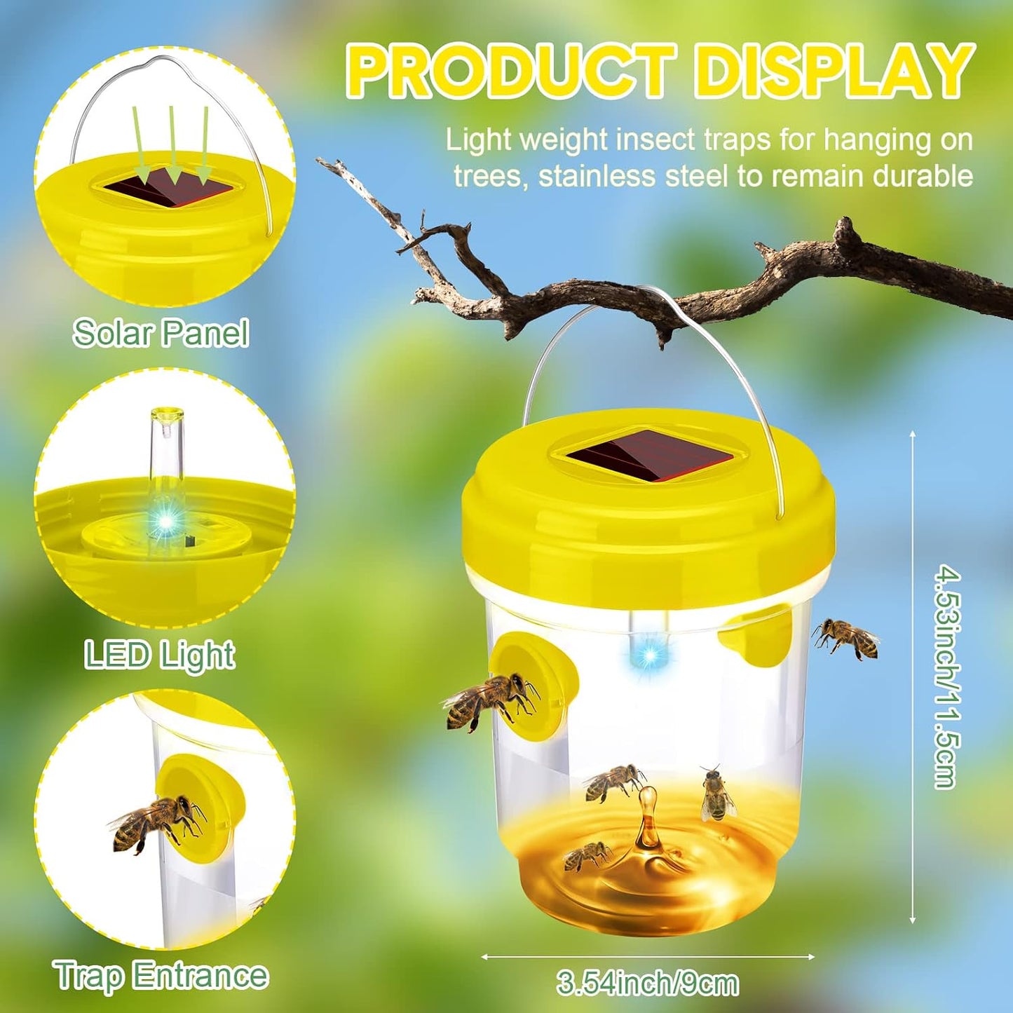 Wasp Trap Solar Powered Bee Trap Reusable Fly Traps Outdoor Hanging Wasp Killer with UV LED Light Flying Insects Bee Killer for Indoor Outside Patio Garden Home (6, Yellow)
