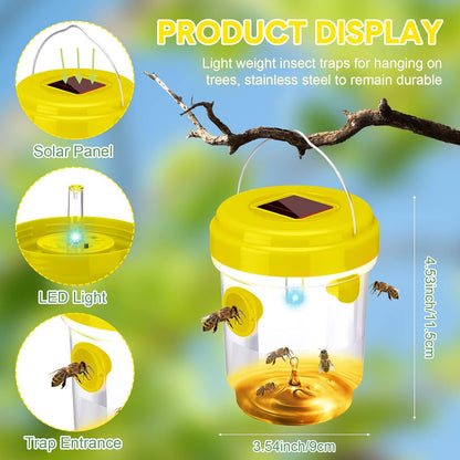 Wasp Trap Solar Powered Bee Trap Reusable Fly Traps Outdoor Hanging Wasp Killer with UV LED Light Flying Insects Bee Killer for Indoor Outside Patio Garden Home (6, Yellow)