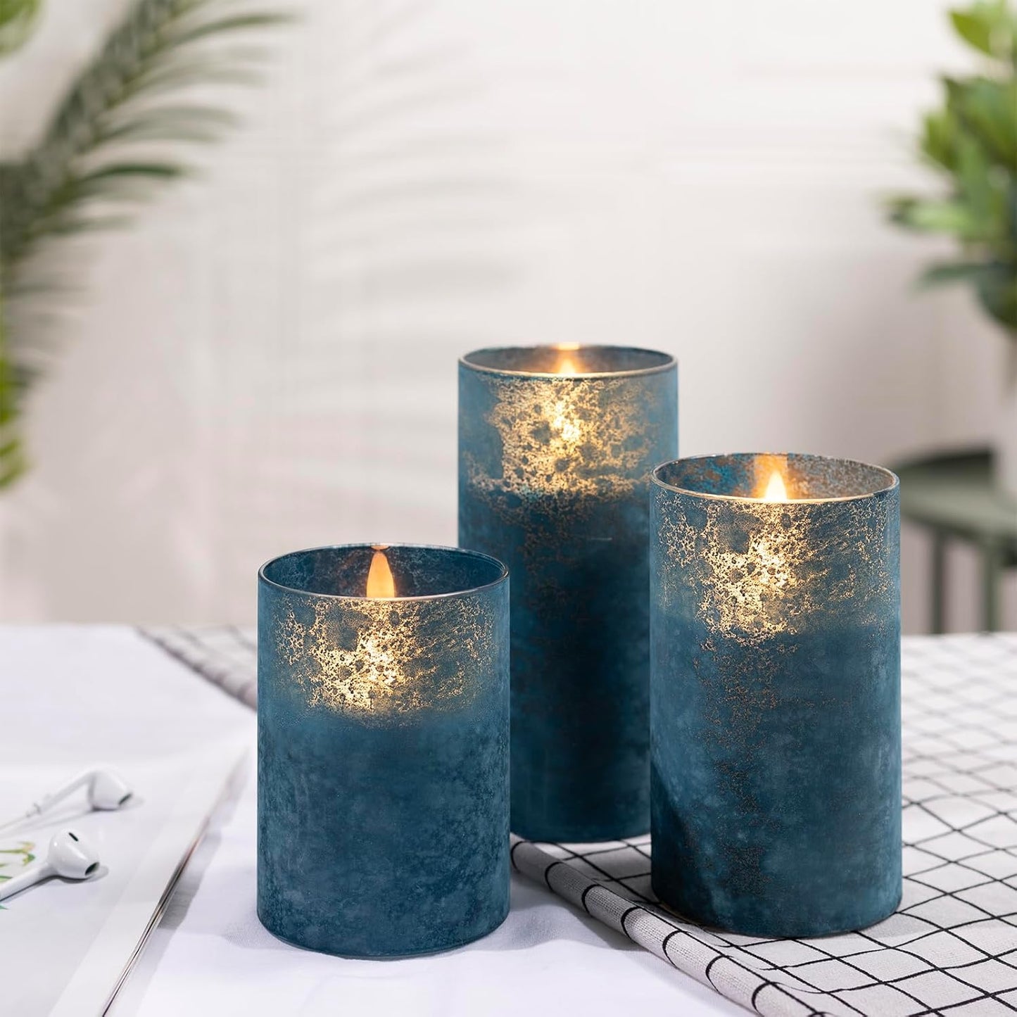 Blue Flameless Candles with Remote, Real Wax Glass Battery Operated Candles with Timer, LED Pillar Candle for Bedroom Home Wedding Birthday Party Fall Halloween Christmas Decorations, Set of 3