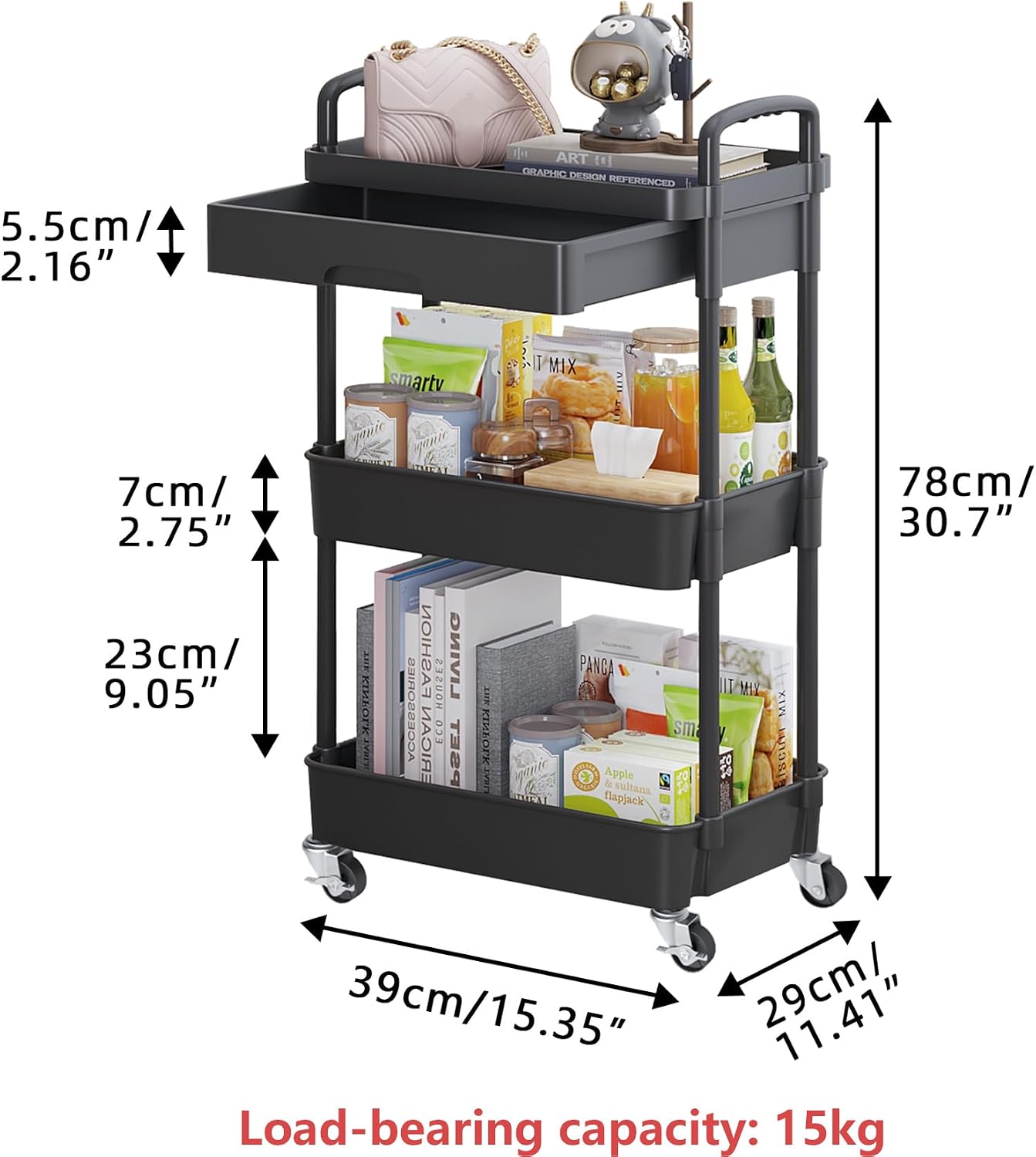 Calmootey 3-Tier Rolling Utility Cart with Drawer,Multifunctional Storage Organizer with Plastic Shelf & Metal Wheels,Storage Cart for Kitchen,Bathroom,Living Room,Office,White