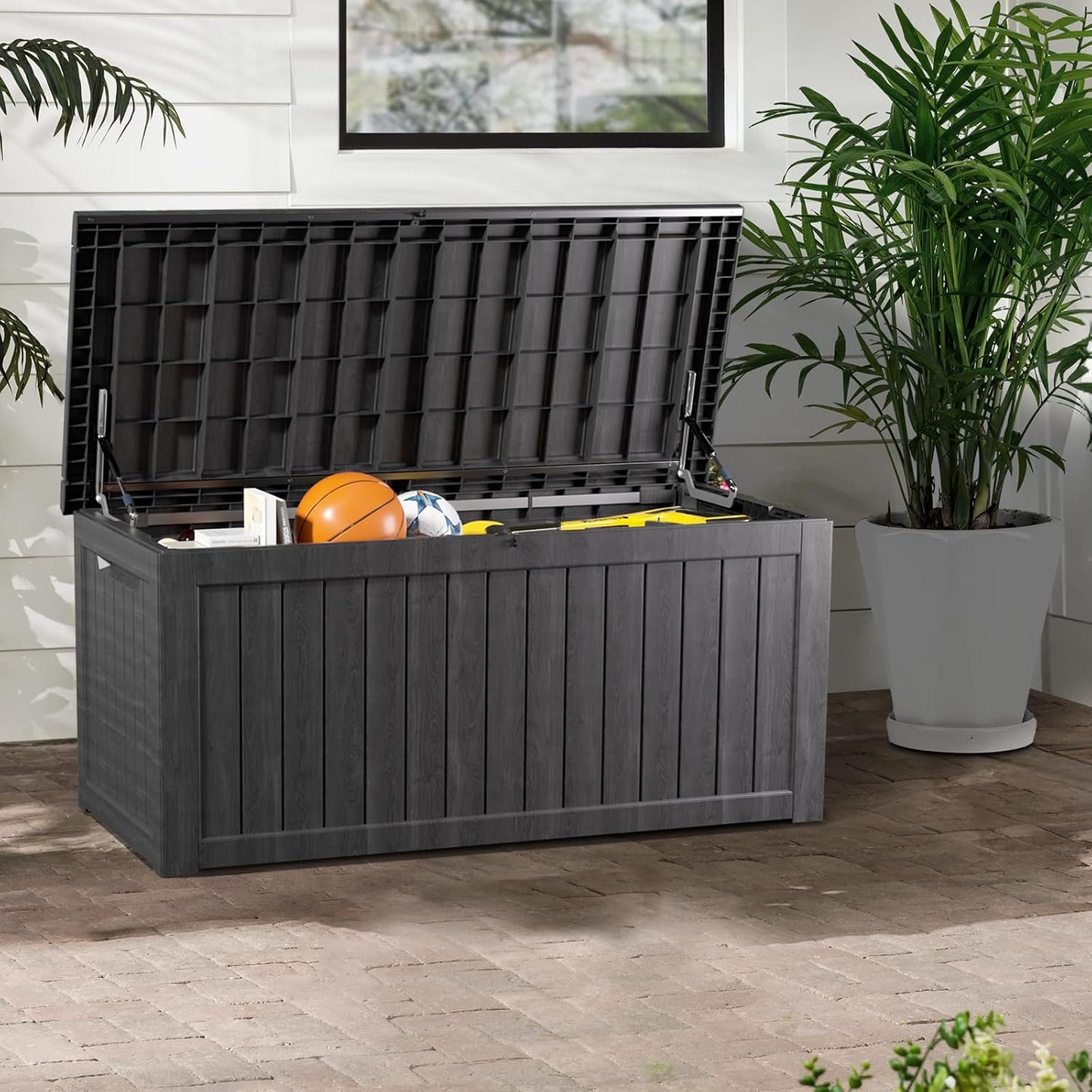 200 Gallon Deck Boxes Outdoor Waterproof, Outdoor Storage Box with Lockable Lid & UV-Resistant for Patio Furniture, Outdoor Cushions, Garden Tools and Pool Supplies, Light Brown
