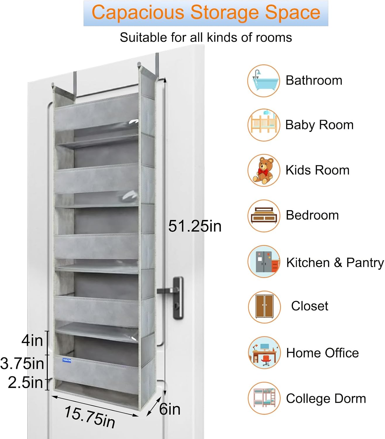 Over The Door Organizer 5-Shelves and 10 Side Pockets, Over The Door Storage for Bathroom Bedroom Nursery, Hanging Door Organizer for Baby Diapers and Kids Toys (13"x5"x44", Grey)