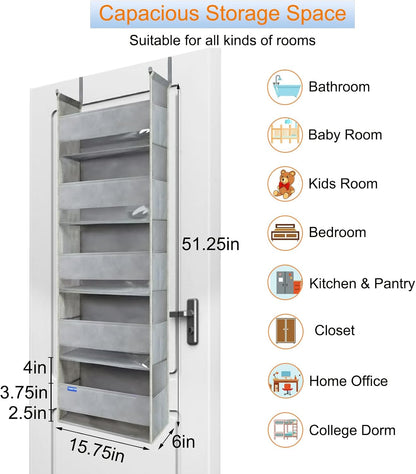 Over The Door Organizer 5-Shelves and 10 Side Pockets, Over The Door Storage for Bathroom Bedroom Nursery, Hanging Door Organizer for Baby Diapers and Kids Toys (13"x5"x44", Grey)