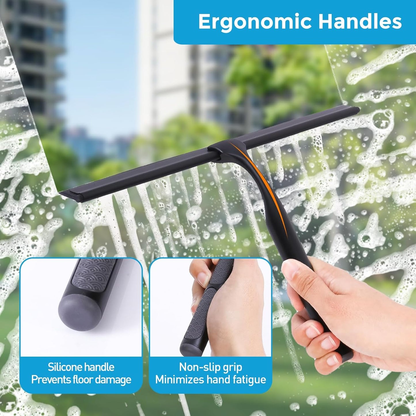 Quntis 10-Inch Matte Black Shower Squeegee for Glass Doors – Stainless Steel with Non-Slip Handle, Replacement Blade & Hook – Ideal for Bathroom, Mirrors, Tiles, and Car Windows
