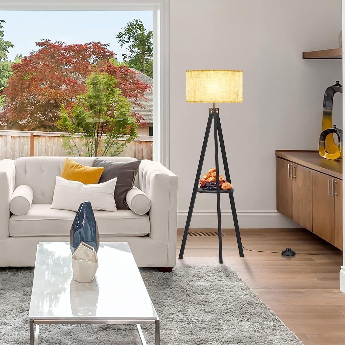 LEPOWER Tripod Floor Lamp, Mid Century Wood Standing Lamp, Modern Design Shelf Floor Lamp for Living Room, Bedroom, Office, Flaxen Linen Shade with E26 Base Brown