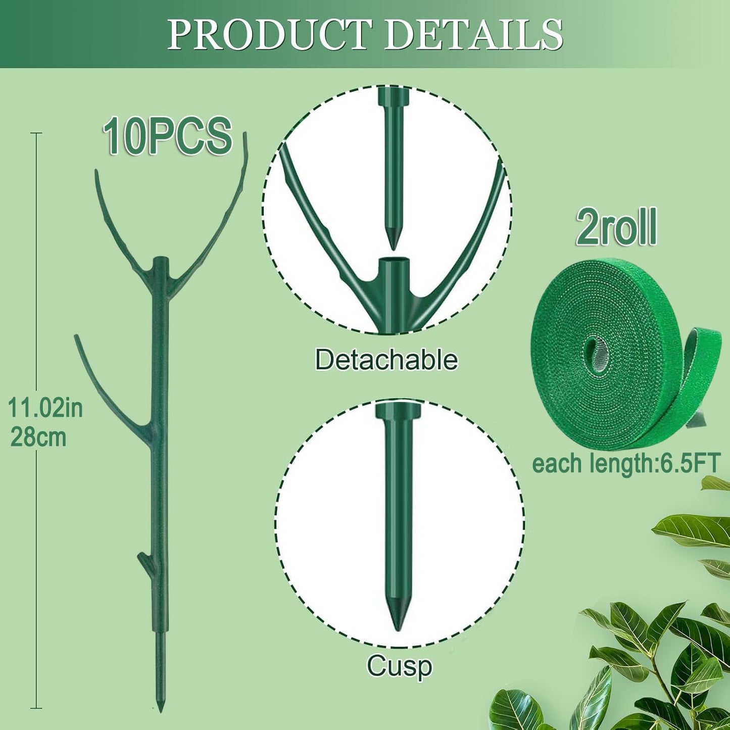 10 Pack Stackable Monstera Plant Support Climbing Plants Support Structures for Indoor Outdoor Plants Plant Holder Stick with Plant Ties for Support Tall Potted Plants, Bonus: 2 Roll of Gardening Tape