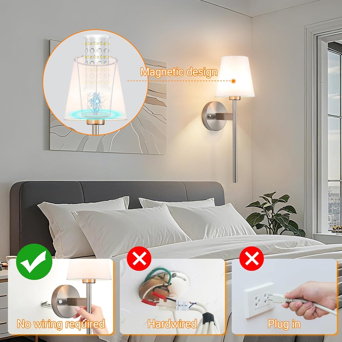 Nekhung Battery Operated Wall Sconces Set of Two, Wireless Battery Wall Light with 10000mAh RGB Dimmable Magnetic Bulb and Remote, Rechargeable Sconce Wall Decor for Bedroom Living Room Hallway