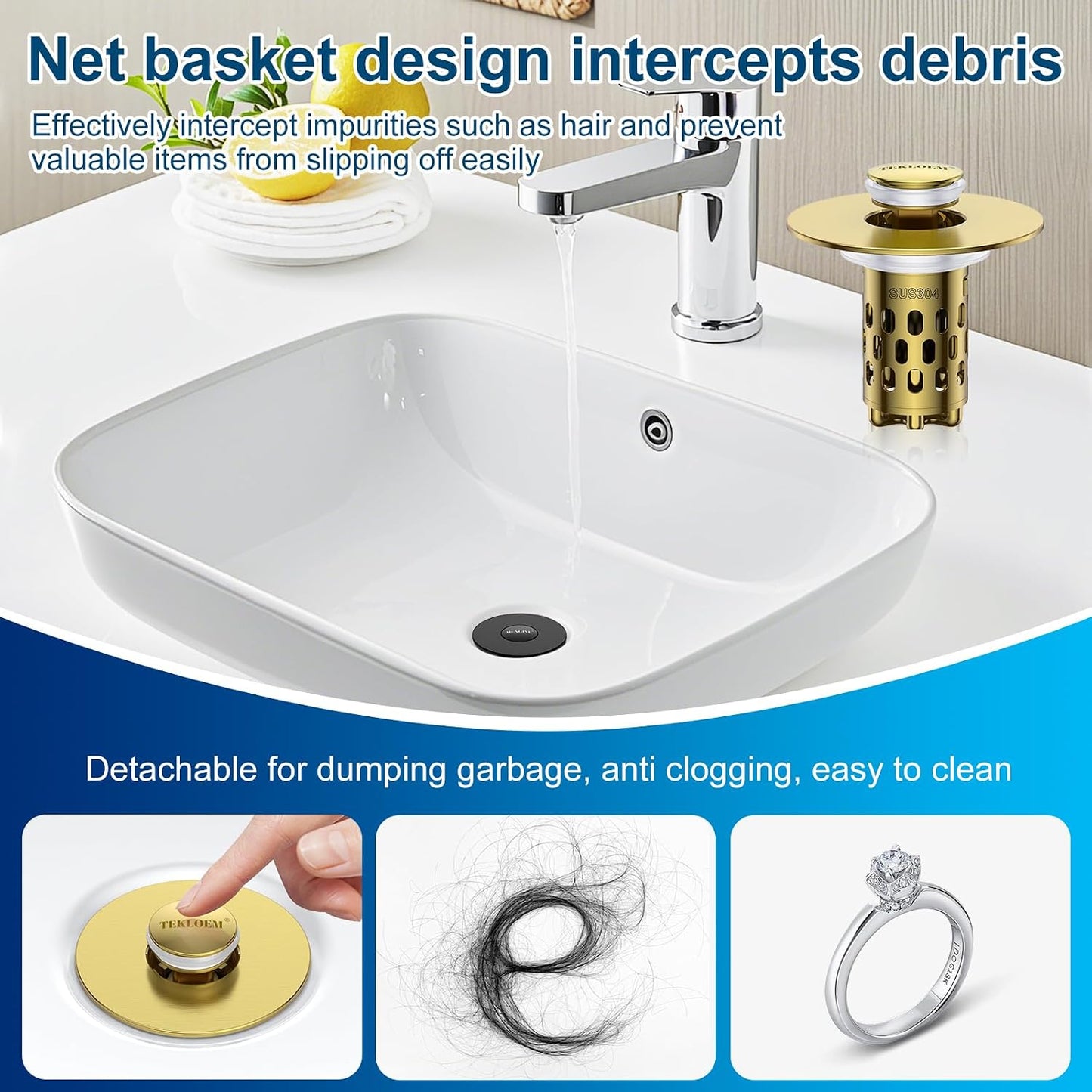 Bathroom Sink Drain Strainer,All Metal Pop-Up Sink Stopper with Removable Stainless Steel Filter Basket, Universal Bathroom Hair Catcher Fit for 1.1-2.36'' Drain (Silver, 2 Pack)