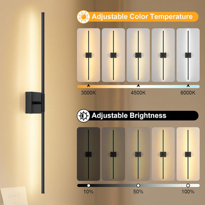 Battery Operated Wall Sconce Set of Two with Remote Control, 3000K-6000K Dimmable Black Wall Lights, Timable LED Wireless Wall Sconces, 350° Ratate for Bathroom, Living Room, Hallway 29.1 Inch