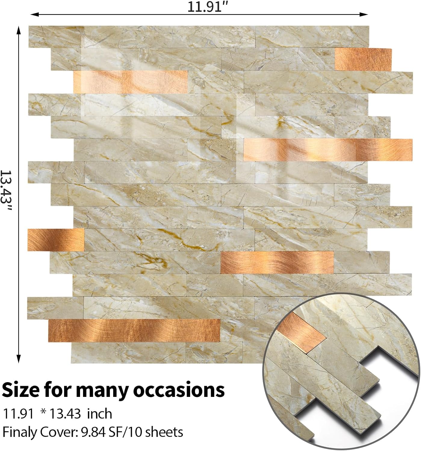 Yipscazo 2026 New Upgrade 11.34" X 11.57" Peel and Stick Backsplash, Stick on Backsplash Tiles for Kitchen, Bathroom, Fireplace (10 Sheets, Beige Rocks + Rose Gold)