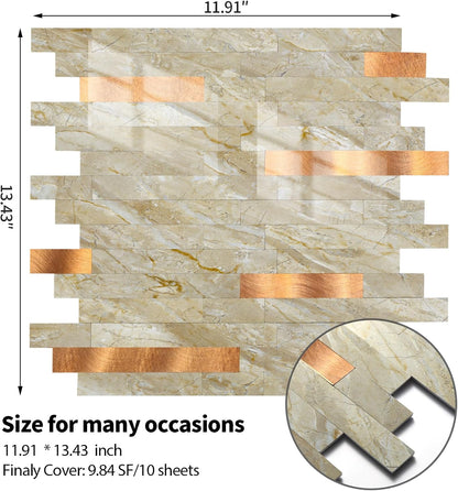 Yipscazo 2026 New Upgrade 11.34" X 11.57" Peel and Stick Backsplash, Stick on Backsplash Tiles for Kitchen, Bathroom, Fireplace (10 Sheets, Beige Rocks + Rose Gold)