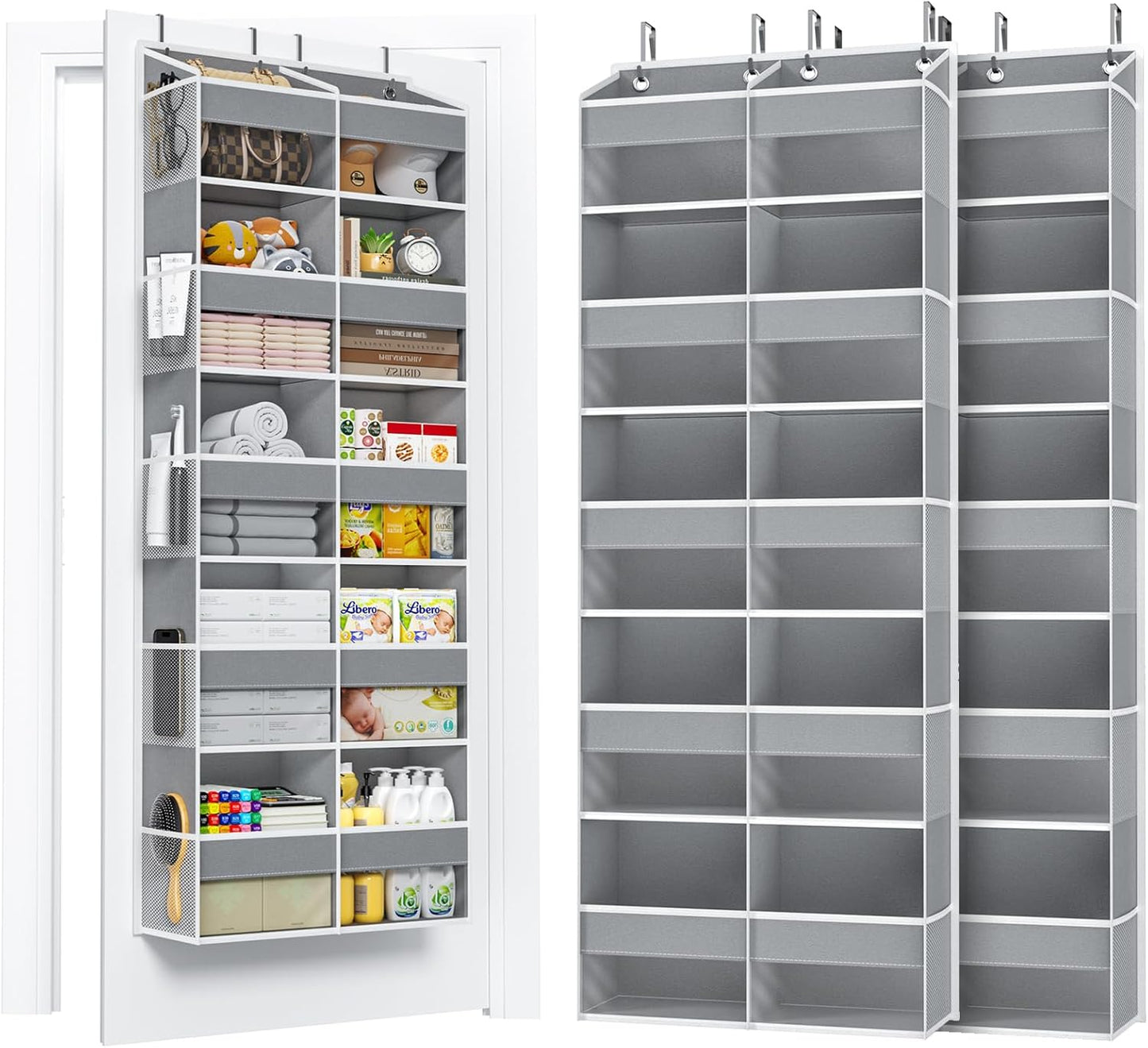 PureSpace 5-Tier Over the Door Organizer, 10 Side Mesh Pockets & Clear Windows, 80LBS Heavy Duty Hanging Storage for Baby Diapers, Shoes, Toys – Ideal for Nursery, Bathroom, Bedroom, Pantry (Grey)