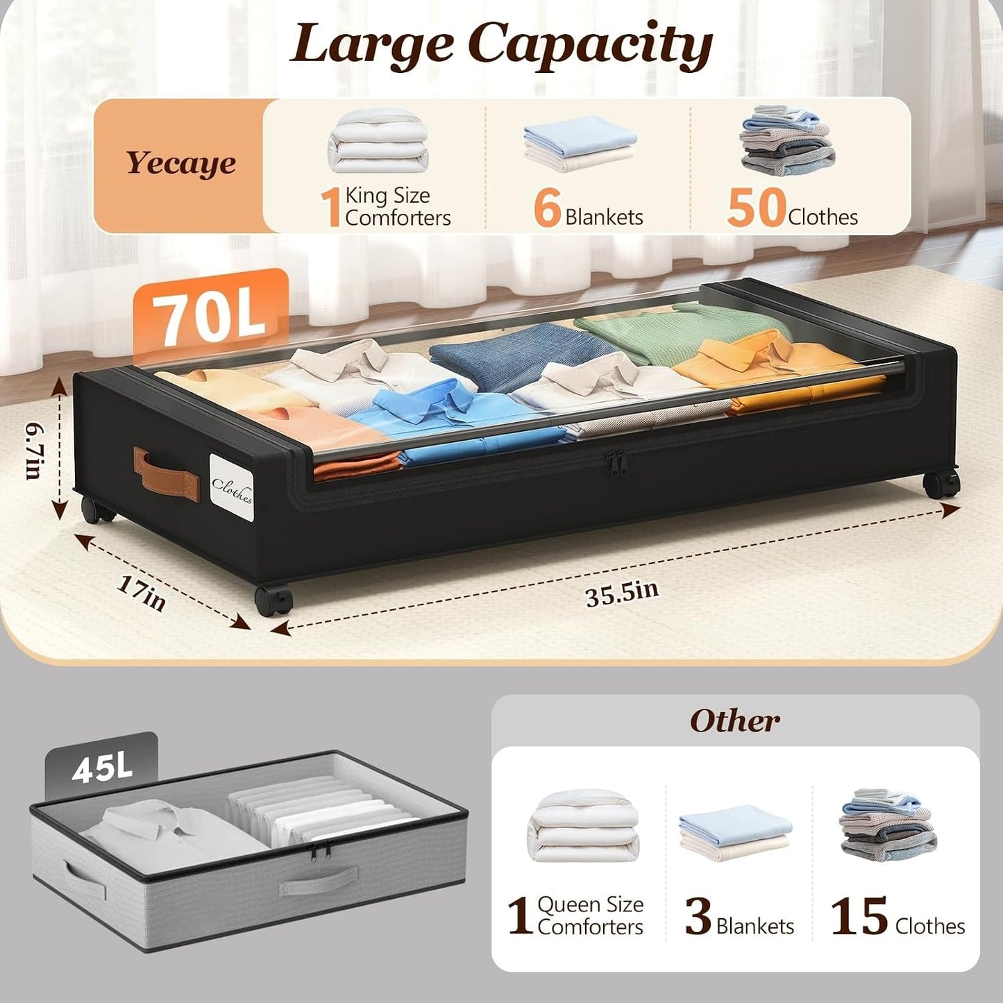 Yecaye Under Bed Storage with Wheels, 2 Pack Under Bed Storage Containers, 60L Underbed Shoe Storage with Clear Window & Label, Rolling Under Bed Metal Drawer for Clothes, Shoes, Books, Blankets