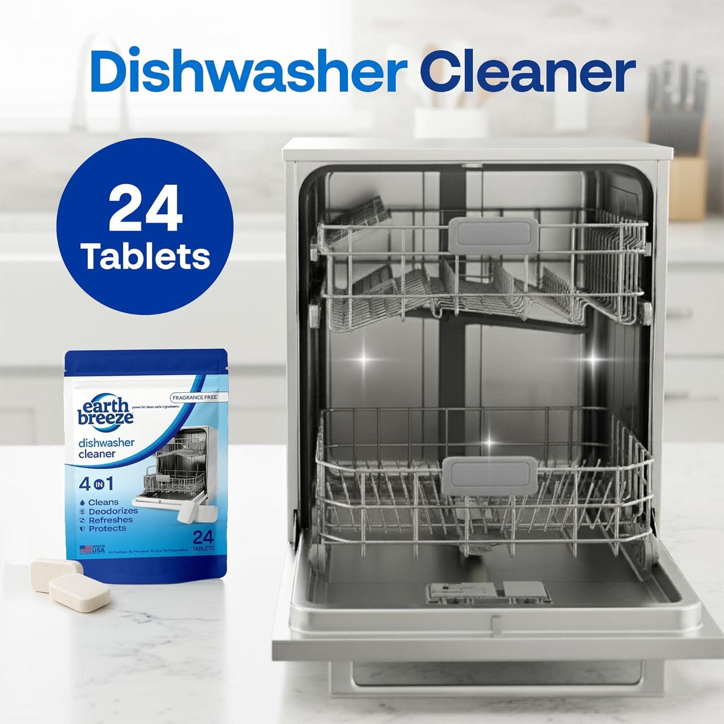 Earth Breeze Dishwasher Cleaner Tablets – 4-in-1 Cleans, Deodorizes, Refreshes & Protects – Removes Odor, Buildup & Residue – Fragrance Free, No Harsh Chemicals, Safe for All Dishwashers - Made in USA