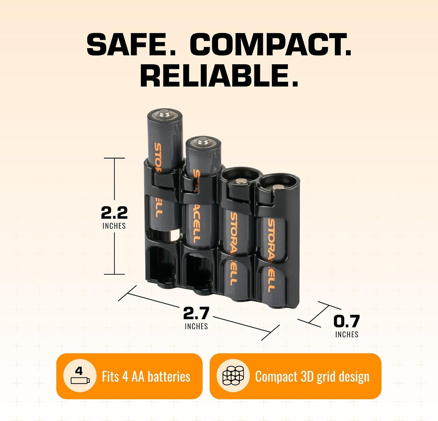 AA Battery Storage Caddy by Storacell, Black, Holds 4 Batteries (Not included)