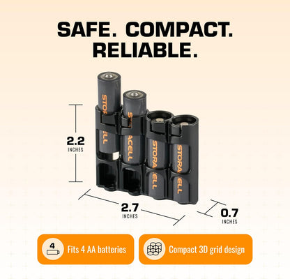 AA Battery Storage Caddy by Storacell, Black, Holds 4 Batteries (Not included)