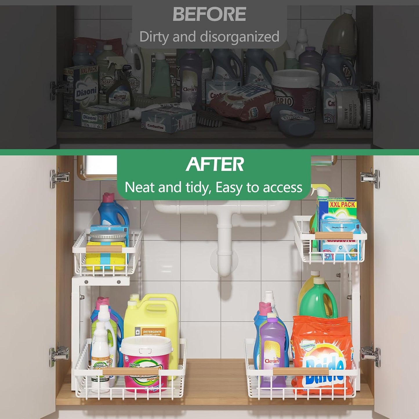 ADRIMER Under Sink Organizer 2 Packs, Pull Out Kitchen Sink Organizer, 2 Tier Slide Out Kitchen Organizers and Storage Bathroom Under Cabinet Storage Shelf, Transparent & White