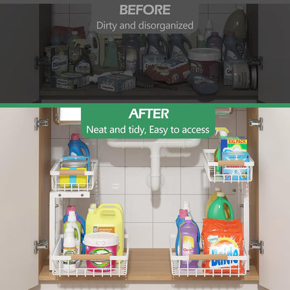 ADRIMER Under Sink Organizer 2 Packs, Pull Out Kitchen Sink Organizer, 2 Tier Slide Out Kitchen Organizers and Storage Bathroom Under Cabinet Storage Shelf, Transparent & White