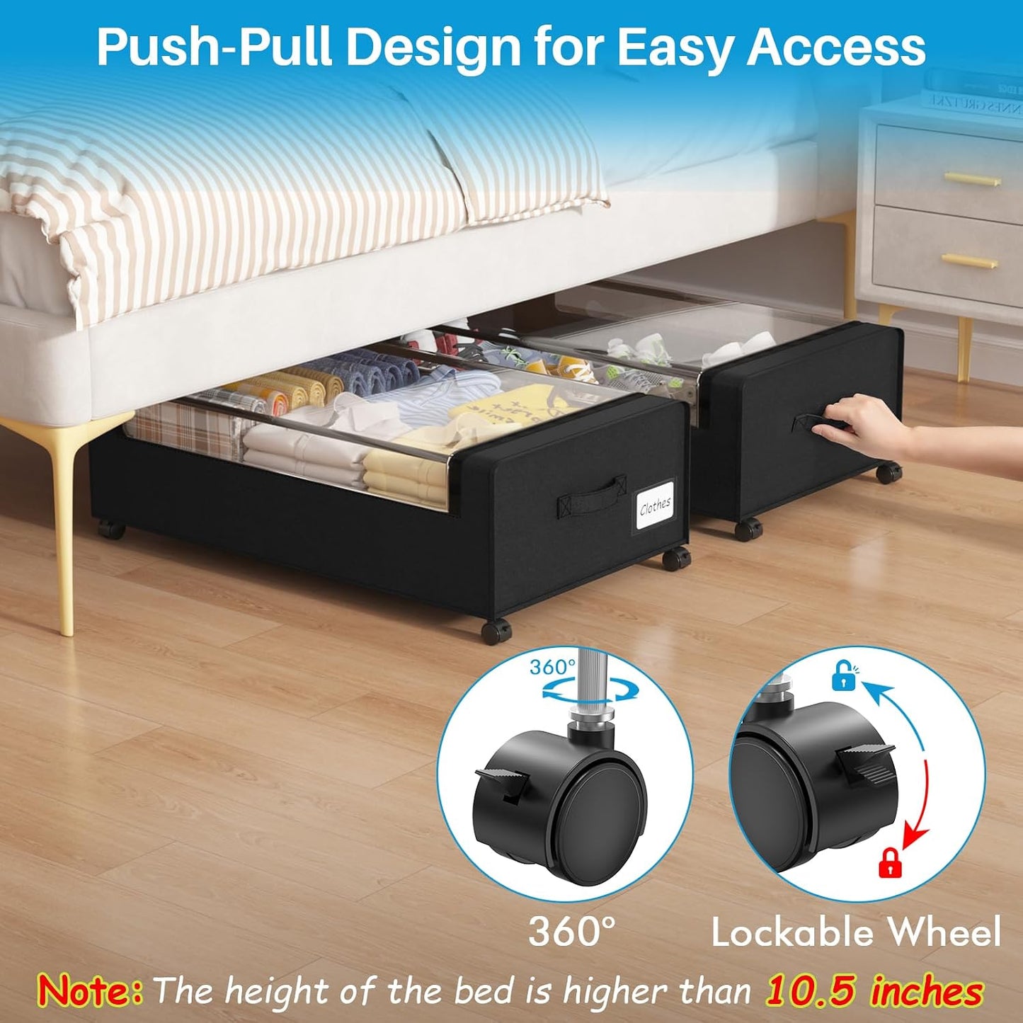 Webetop Under Bed Storage Containers with Wheels,12 inch Under the Bed Storage Bins with Clear Lid for Underneath Small Spaces Dorms, Blankets (2 Pack, 30.7"x17.3"x12")