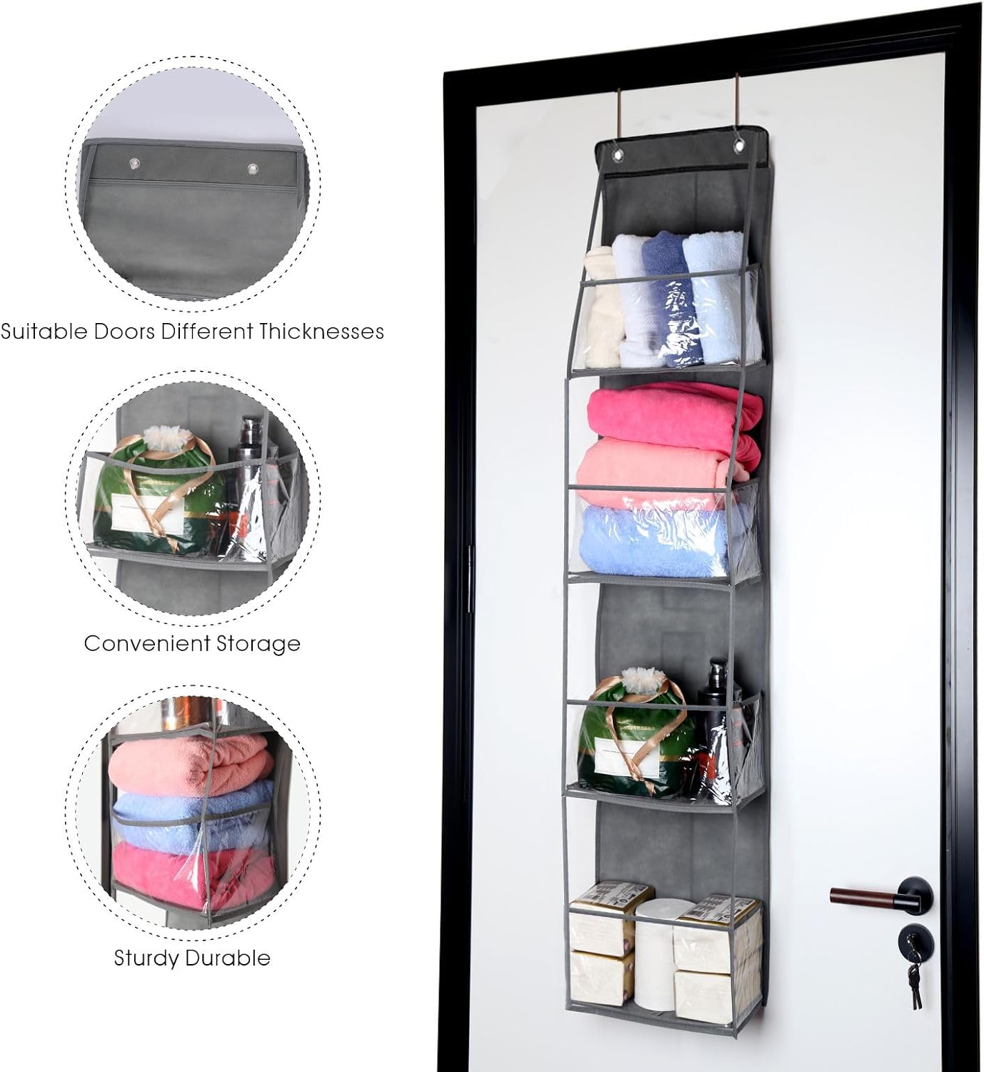4-Shelf Over The Door Hanging Pantry Organizer, Behind The Door Storage Organizer, with Clear Plastic Pockets, for Bedrooms, Closets, Bathrooms, Small Apartments, College Dorms (Grey)