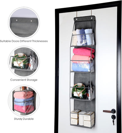 4-Shelf Over The Door Hanging Pantry Organizer, Behind The Door Storage Organizer, with Clear Plastic Pockets, for Bedrooms, Closets, Bathrooms, Small Apartments, College Dorms (Grey)