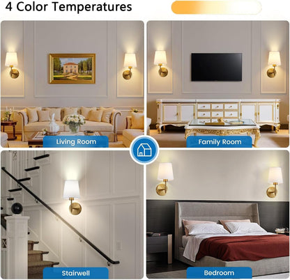 Battery Operated Wall Sconce Set of 2, Brushed Gold Rechargeable Wall Lights with Remote Control and Dimmable LED Bulbs, 13 Light Colors Wireless Wall Lamps for Bedroom Living Room Hallway (Gold)