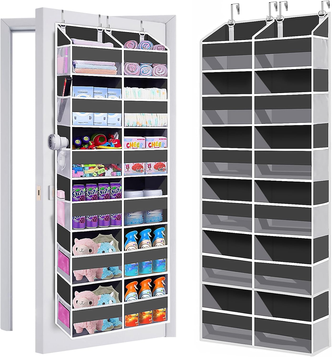 Heavy Duty Over The Door Organizer 5 Tiers, Extra Large Behind Door Storage of 10 Big Front & 10 Mesh Pockets, 80lb Weight Capacity, Hanging Doors Storage Organizer for Closet Bedroom Nursery, Grey