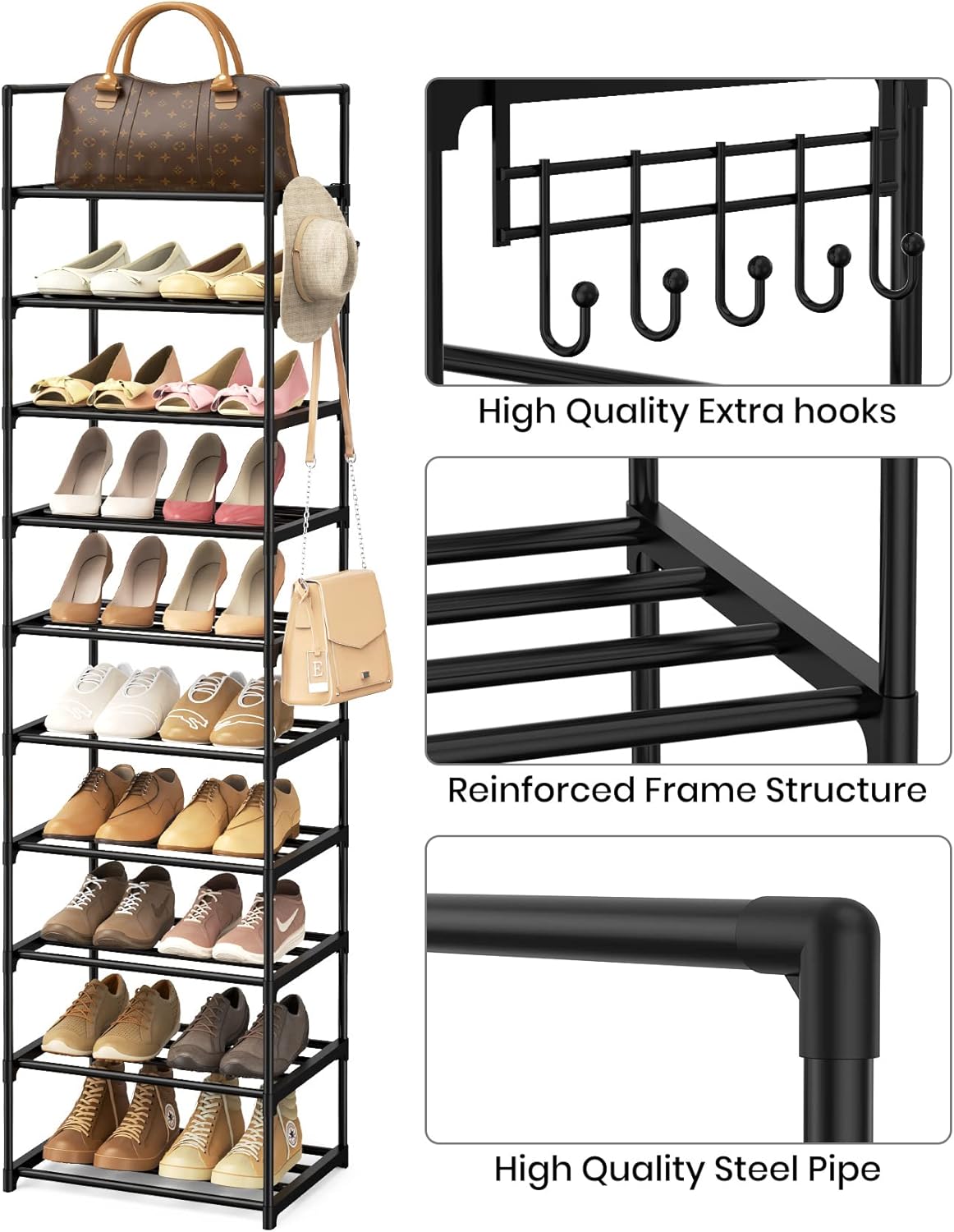 Narrow Shoe Rack 10 Tiers Tall Shoe Rack for Entryway Closet 20 24 Pairs Shoe & Boots Organizer Storage Shelf Durable Black Metal Stackable Shoe Cabinet with Hooks, 17.1D x 11.8W x 78.7H in