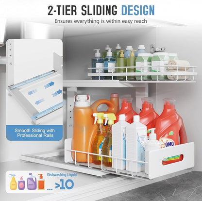 Under Sink Organizer Upgrade To Professional Rails,2-Tier Dual Pull Out Cabinet Storage,Height Adjustable Slide Out Drawers For Bathroom Kitchen,2 Pack-14.5" Dx12.8-16.9" H,White
