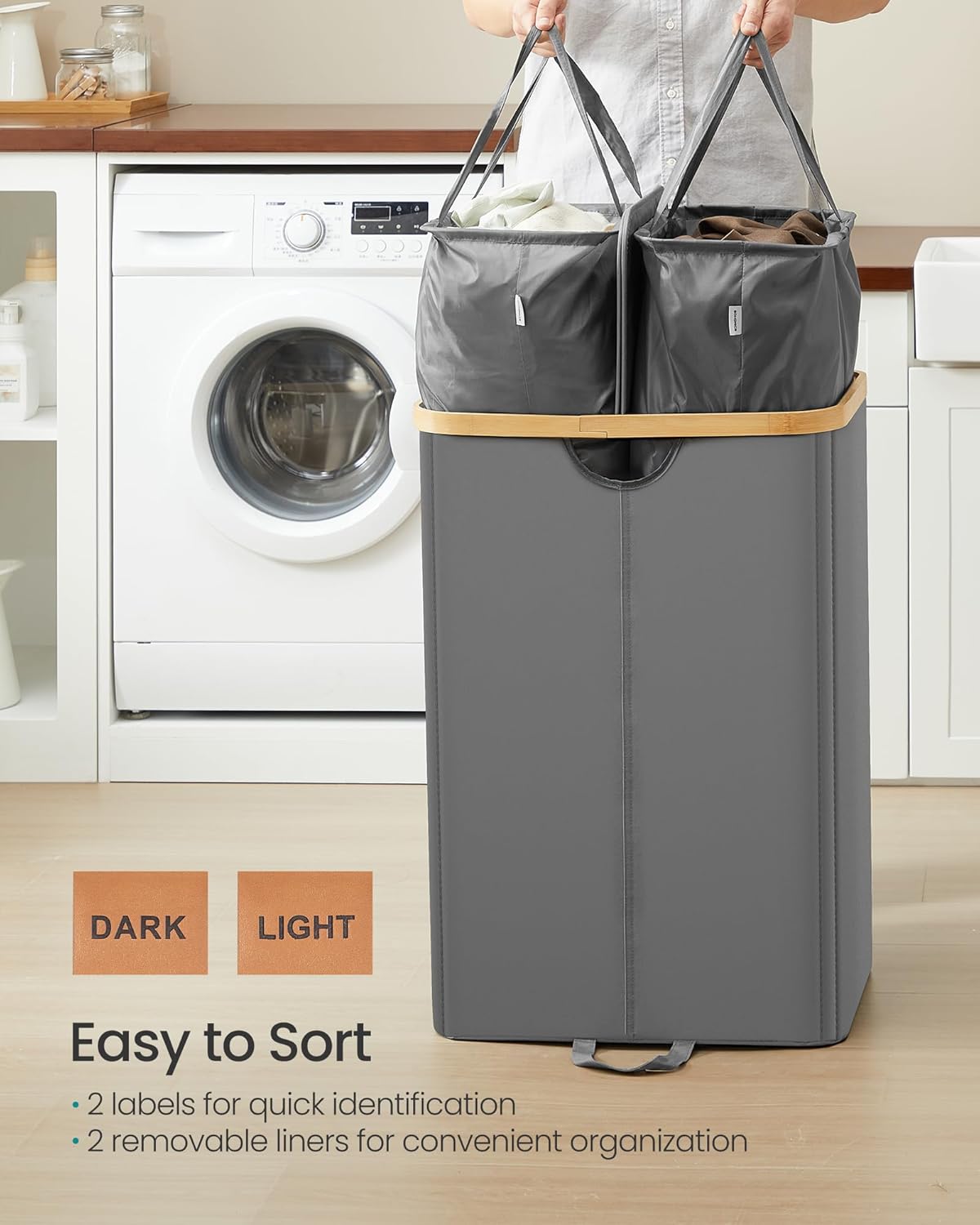 SONGMICS Laundry Hamper, Laundry Sorter with Lid, Storage Basket Bin, Removable Liners, Bamboo Frame, for Bedroom, 3 Sections, 44.9 Gal. (170 L), Ink Black ULCB533BH01