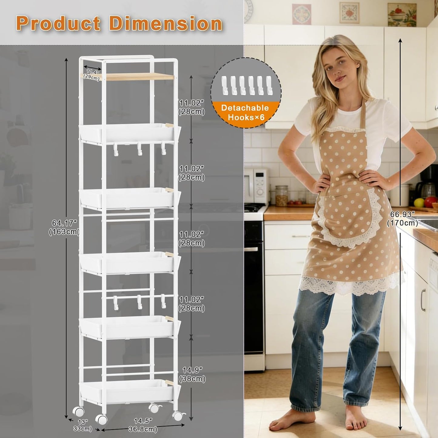6 Tier Slim Storage Cart with Pull-Out Baskets Rolling Cart with Wheels Wood Top Narrow Utility Cart Metal Shelving Units for Pantry Laundry Room Bathroom Kitchen White 8in(W)
