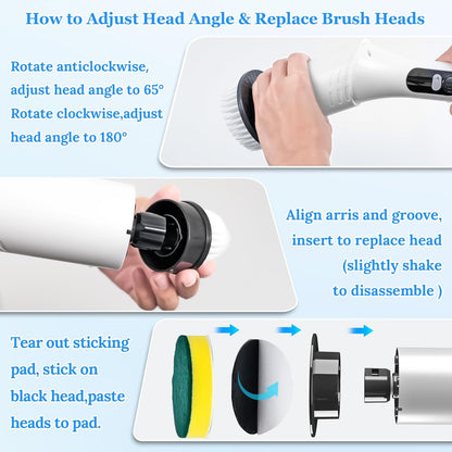 Electric Spin Scrubber,Cleaning Scrubber Brush Electric for Home with Power LCD Display,Cordless Bathroom Scrubber for Bathroom Tile Glass Cleaning,Adjusted Head Angle with 7 Replaceable Heads