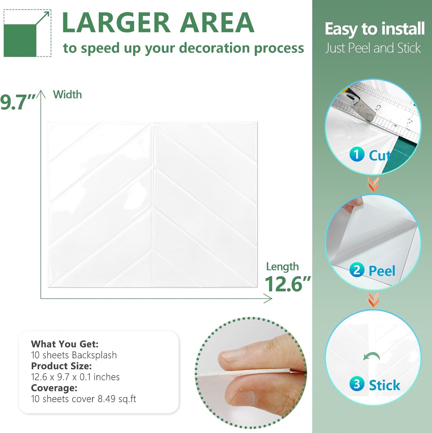 STICKGOO 10 Sheets Thicker Herringbone Peel and Stick Backsplash, 12.6”×9.7” Stick on Wall Tiles, Self Adhesive Tile Sticker for Kitchen Backsplash and Bathroom, White with Grey Grout