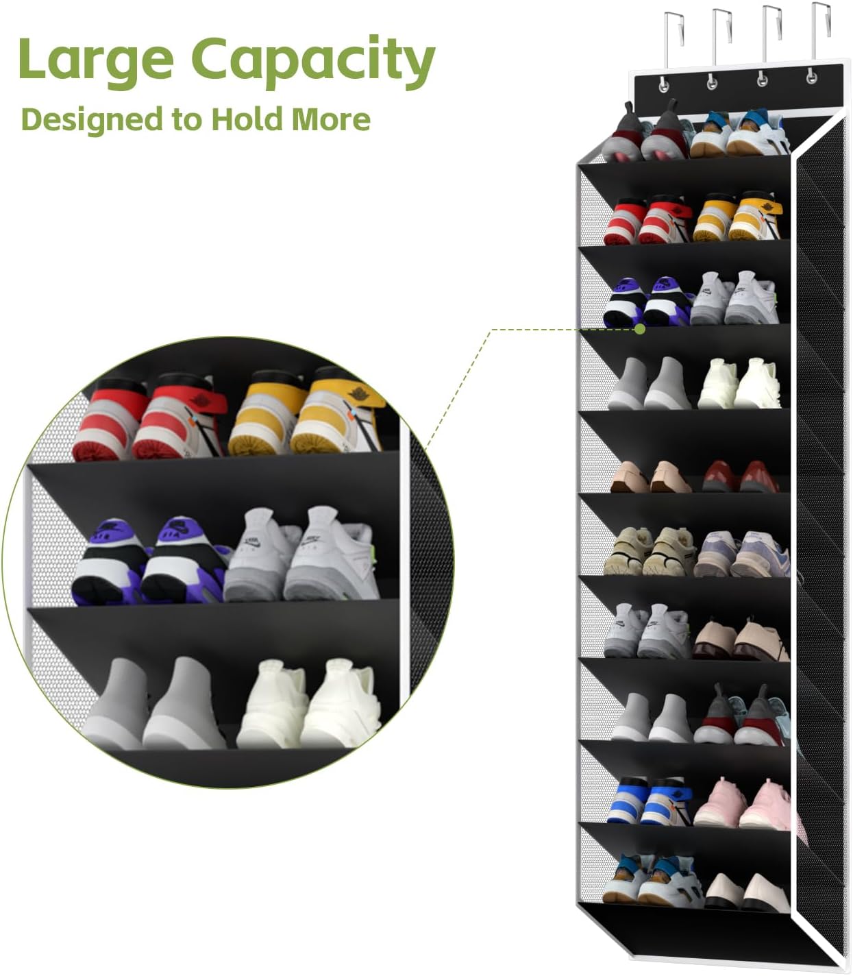 KEEPJOY Over the Door Shoe Organizer, Hanging Shoe Organizer with 4 Hooks, Shoe Holder with 14 Mesh Pockets Closet Door Shoe Storage Bag (White-2Pack)