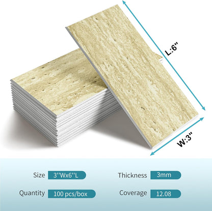 Vamos Tile 100-Piece Glossy Dolomite White Peel and Stick Backsplash Tile,3''x6'' PVC Subway Tile with White Grout, Stick on Backsplash for Kitchen/Bathroom/Fireplace