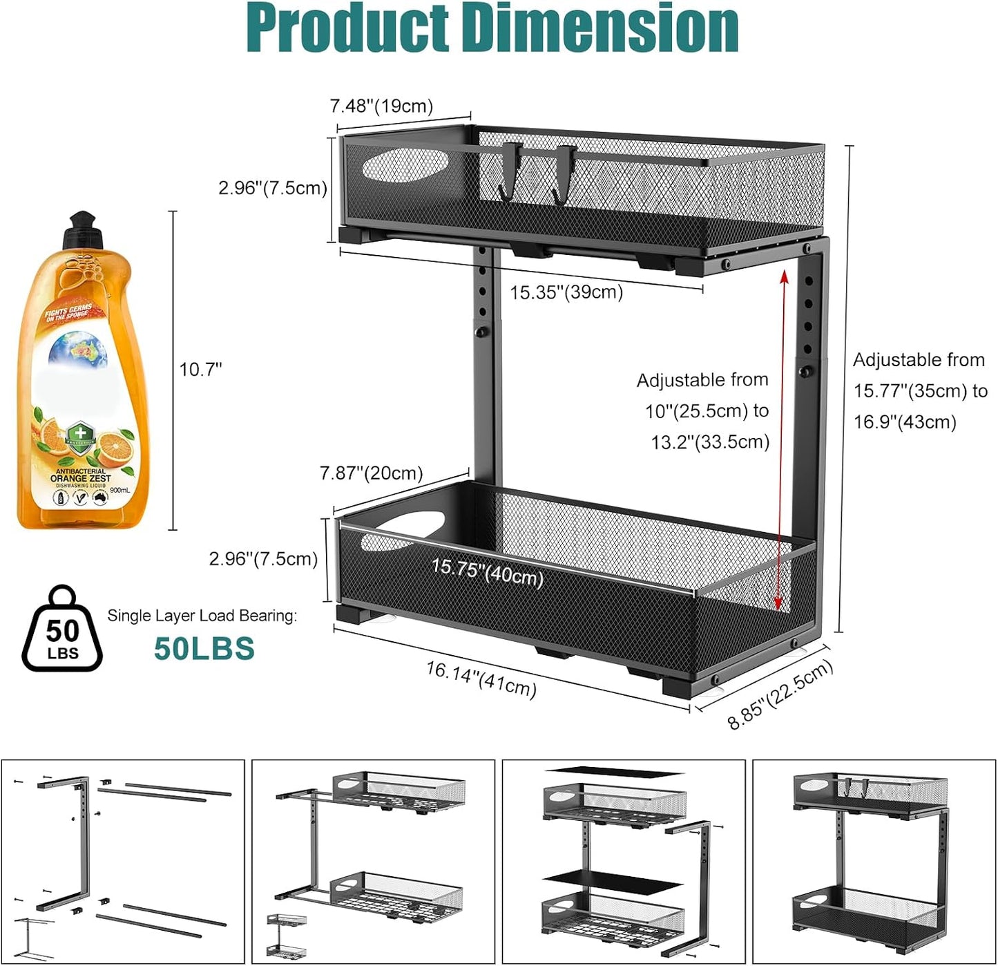 Housolution 2 Pack Under Sink Organizer, 2 Tier Metal Pull Out Under Sink Storage with Sliding Mesh Drawers, Height Adjustable Slide Out Under Sink Organizer for Kitchen Bathroom Cabinet, Black