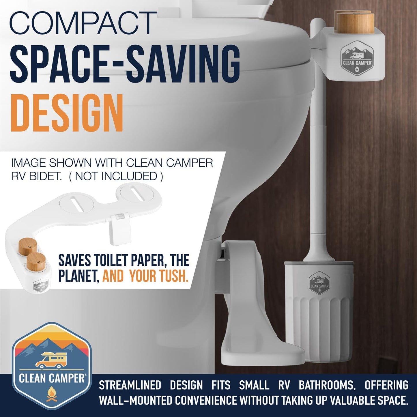RV Toilet Brush by Clean Camper – Wall-Mounted Set, Silicone, Scratch-Free Dual-Sided Head, Quick-Drying Holder, Compact & Durable Set with Strong Adhesive Mount for RV & Camper Toilets