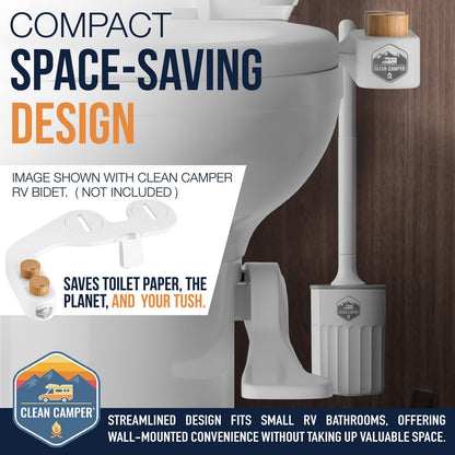 RV Toilet Brush by Clean Camper – Wall-Mounted Set, Silicone, Scratch-Free Dual-Sided Head, Quick-Drying Holder, Compact & Durable Set with Strong Adhesive Mount for RV & Camper Toilets
