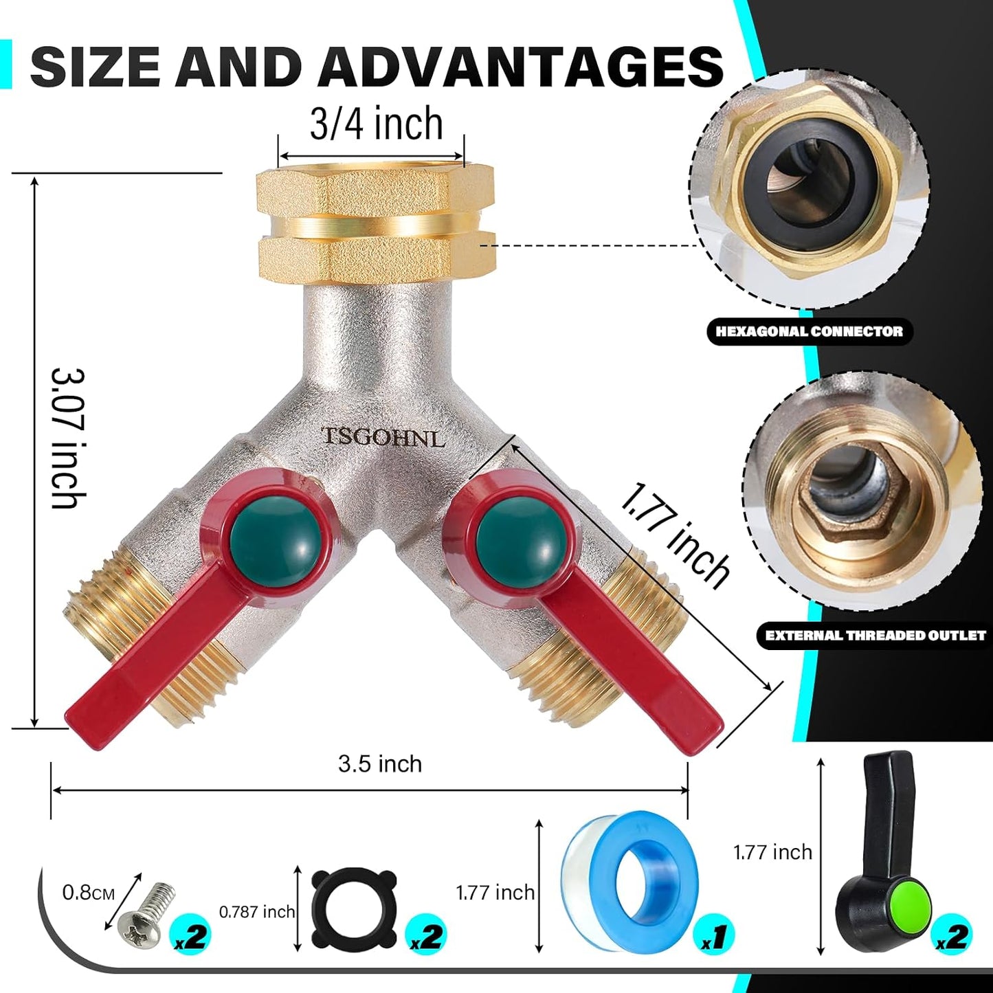 Hose Splitter 2 Way, Y-Valve Water Spigot Splitter, High Flow Faucet Splitter, 3/4" GHT Thickened Hexagonal Water Inlet with 2 Garden Hose Coiled Spring Protectors and 2 More Extension Handles