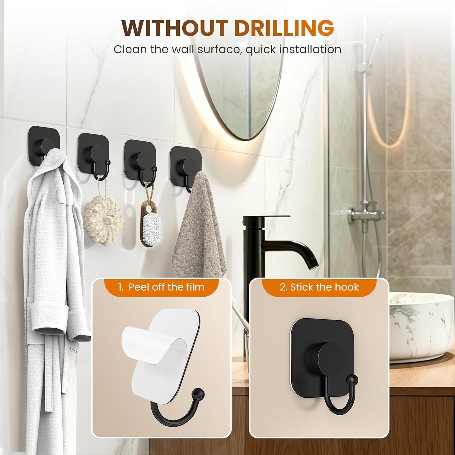 Aikzik 4 Pack Large Heavy Duty Wall Hooks - 26lb Max, Stainless Steel Adhesive Towel Hook, Shower Hooks for Hanging Towel, Coat, Robe, Wall Hook for Use in Bathroom, Kitchen and Door, Matte Black