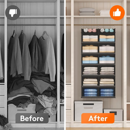 Lifewit Dual-Row Shelf Hanging Closet Organizer and Storage, Clothes Shelves with 3 Sturdy Hooks for Clothing Organization, Foldable Container Hold Up to 24 Sweaters, 4 Tier 8 Sections, Gray