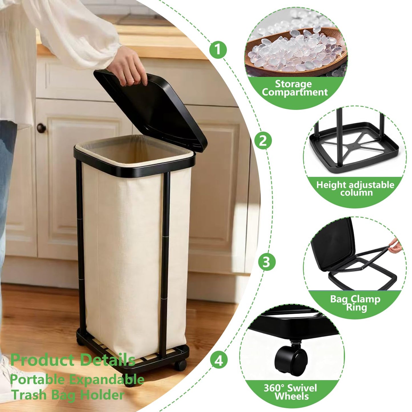 Collapsible13 Gallon Trash Bag Holder Height Adjustable (3 levels) Portable Trash Bag Holder with Lid, Stand with 4-Wheels Plastic Outdoor Trash Can Suitable Kitchen Garbage Can for Outside Indoor