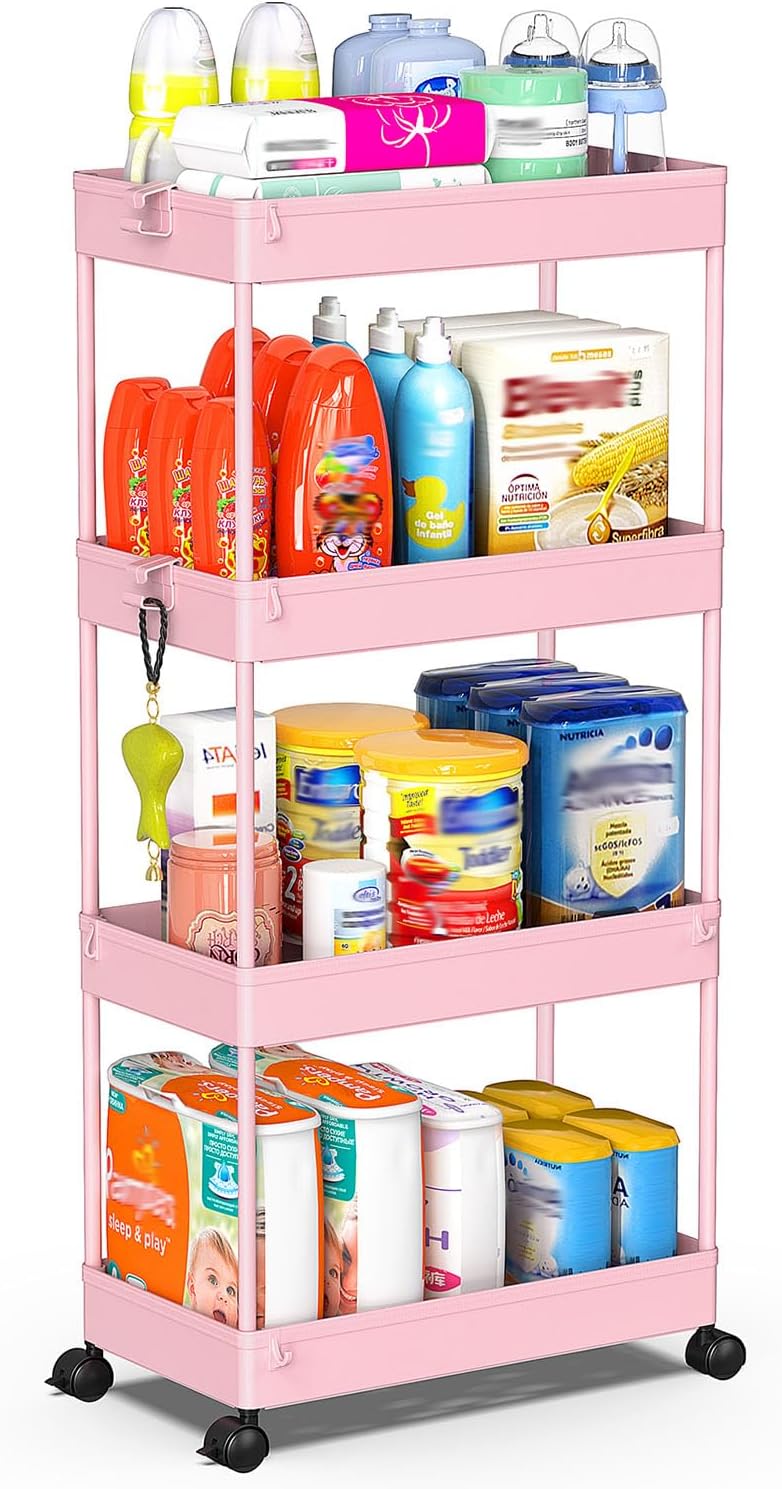 SPACEKEEPER 5-Tier Rolling Cart, Bathroom Storage Organizer Utility Cart, Mobile Shelving Unit Slide Out Shelves for Kitchen Living Room Laundry Room & Dressers, Black