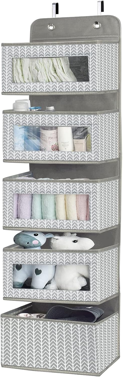 Over The Door Hanging Organizer Storage with 5 Large Pockets,Wall Mount Clear Windows and 2 Widened Metal Hooks for Pantry,Nursery,Diapers,Bathroom,Kitchen,Closet,Dorm