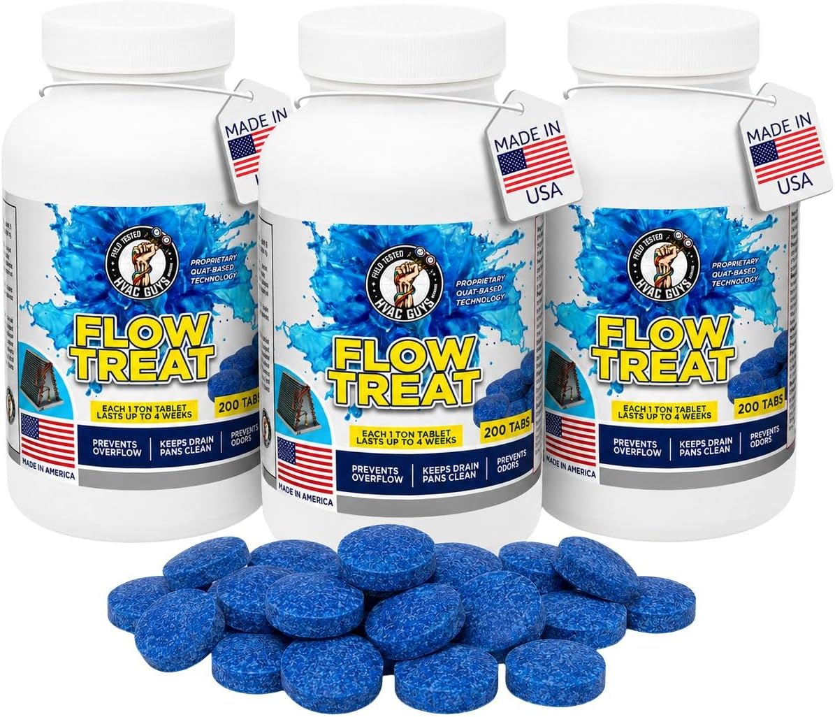 HVAC GUYS – Flow Treat Tabs - 200 Tablets | AC Drain Line Cleaner | Prevents Odors, Keeps HVAC Drain Pan Clean, Prevents Overflow | One Tablet Lasts up to 4 Weeks
