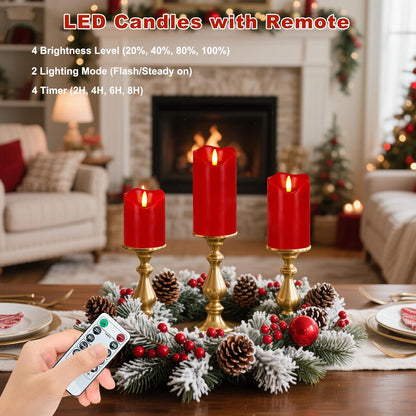 Flameless Candles Lights, Set of 3 Flickering LED Candles with Remote & Timer, Dimmable Electric Pillar Candles Battery Operated, Green Candles for Home St. Patrick’s Day Christmas Decor (Green)